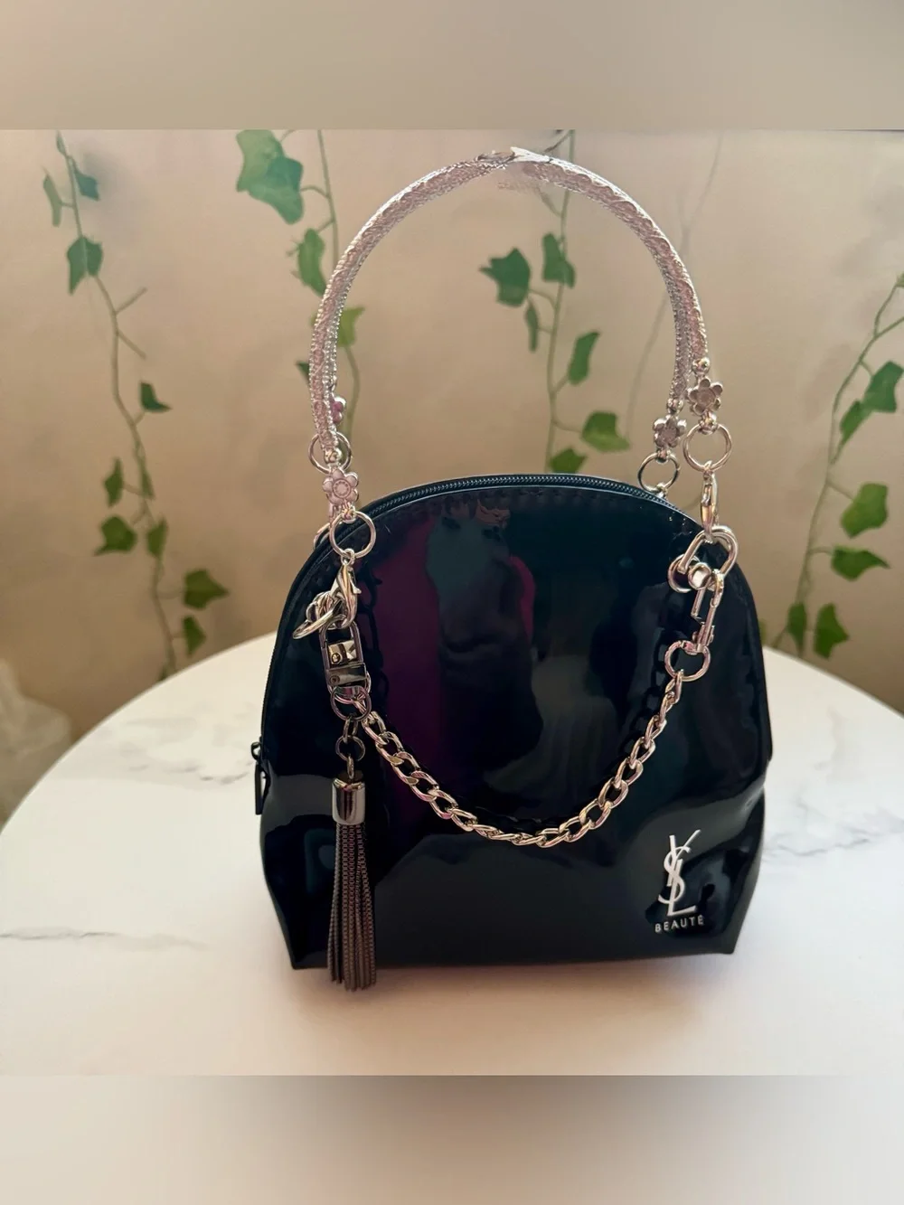 YSL Beaute! Black Patent Top-Handle cosmetic pouch